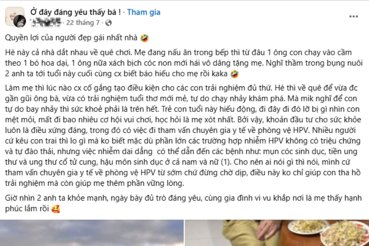 Một câu chuyện từ phụ huynh trong hội nhóm Ở đây đáng yêu thấy bà! giúp mở ra thảo luận về định kiến giới liên quan đến HPV